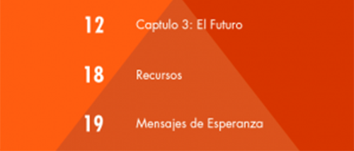 Table of contents for ICAN booklet, written in Spanish with 5 items listed; orange and red graphic background formed by two diagonal lines creating 4 triangular shapes.